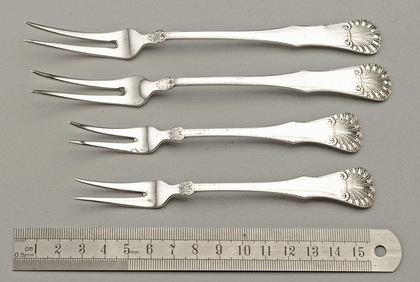 Norwegian Silver Serving or Pickle Fork Set (4, 2 large & 2 small) - Dronning Pattern, Tostrup
